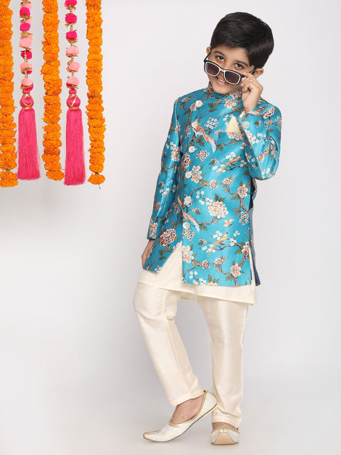 Boy's' Multicolored-Base-Turquoise Indowestern Set